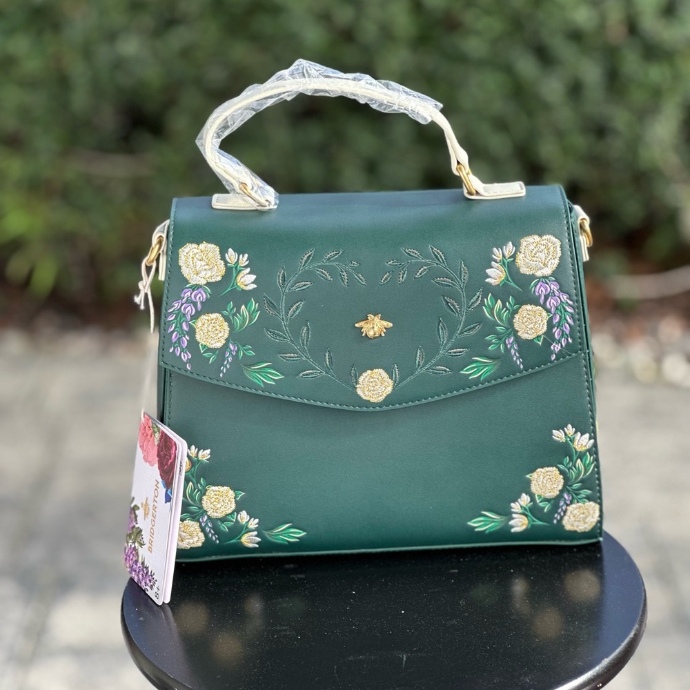 Loungefly Netflix Bridgeton Green Floral Embroidered Satchel & Matching Wallet - Picture 2 of 7